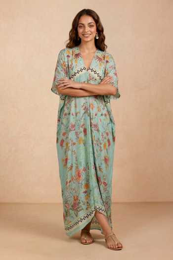 Shetab Kazmi Blue Crepe V-neck Botanical Print Kaftan Online at Aza Fashions Shetab Kazmi_Blue Crepe V-neck Botanical Print Kaftan _Online_at_Aza_Fashions