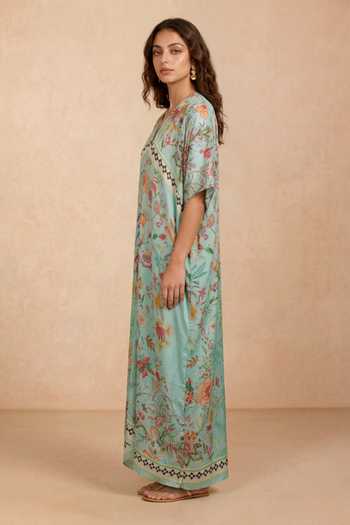 Buy Shetab Kazmi Blue Crepe V-neck Botanical Print Kaftan Online at Aza Fashions Buy_Shetab Kazmi_Blue Crepe V-neck Botanical Print Kaftan _Online_at_Aza_Fashions