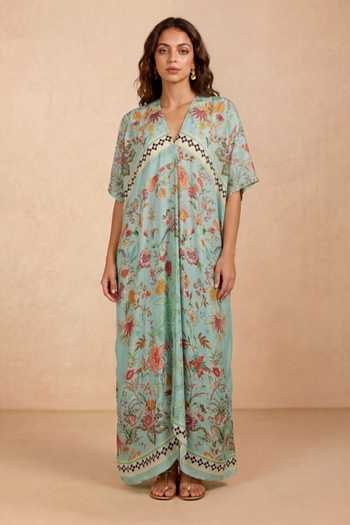 Shop Shetab Kazmi Blue Crepe V-neck Botanical Print Kaftan Online at Aza Fashions Shop_Shetab Kazmi_Blue Crepe V-neck Botanical Print Kaftan _Online_at_Aza_Fashions
