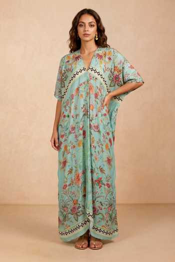 Shetab Kazmi Blue Crepe V-neck Botanical Print Kaftan at Aza Fashions Shetab Kazmi_Blue Crepe V-neck Botanical Print Kaftan _at_Aza_Fashions