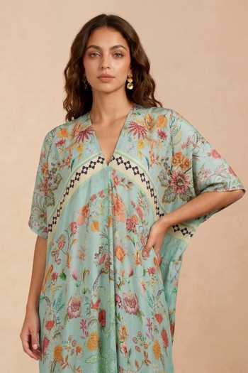 Buy Shetab Kazmi Blue Crepe V-neck Botanical Print Kaftan Buy_Shetab Kazmi_Blue Crepe V-neck Botanical Print Kaftan