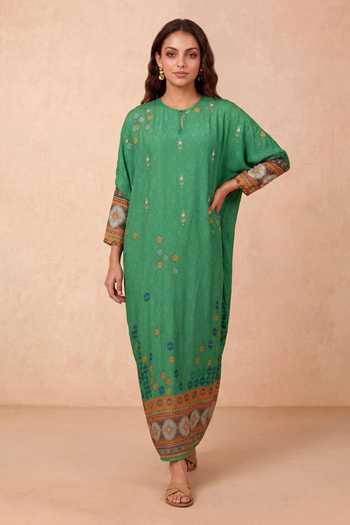 Shetab Kazmi Emerald Green Crepe Round Neck Geometric Print Kaftan Online at Aza Fashions Shetab Kazmi_Emerald Green Crepe Round Neck Geometric Print Kaftan _Online_at_Aza_Fashions