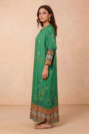 Buy Shetab Kazmi Emerald Green Crepe Round Neck Geometric Print Kaftan Online at Aza Fashions Buy_Shetab Kazmi_Emerald Green Crepe Round Neck Geometric Print Kaftan _Online_at_Aza_Fashions