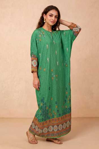 Shop Shetab Kazmi Emerald Green Crepe Round Neck Geometric Print Kaftan Online at Aza Fashions Shop_Shetab Kazmi_Emerald Green Crepe Round Neck Geometric Print Kaftan _Online_at_Aza_Fashions