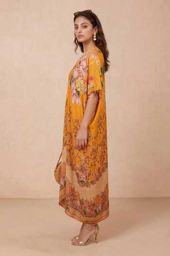 Shetab Kazmi Orange Crepe V-neck Botanical Floral Print Kaftan Online at Aza Fashions Shetab Kazmi_Orange Crepe V-neck Botanical Floral Print Kaftan _Online_at_Aza_Fashions