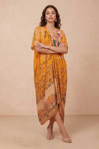Buy Shetab Kazmi Orange Crepe V-neck Botanical Floral Print Kaftan Online at Aza Fashions Buy_Shetab Kazmi_Orange Crepe V-neck Botanical Floral Print Kaftan _Online_at_Aza_Fashions