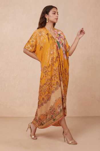 Shop Shetab Kazmi Orange Crepe V-neck Botanical Floral Print Kaftan Online at Aza Fashions Shop_Shetab Kazmi_Orange Crepe V-neck Botanical Floral Print Kaftan _Online_at_Aza_Fashions