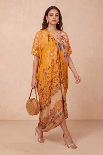 Shetab Kazmi Orange Crepe V-neck Botanical Floral Print Kaftan at Aza Fashions Shetab Kazmi_Orange Crepe V-neck Botanical Floral Print Kaftan _at_Aza_Fashions