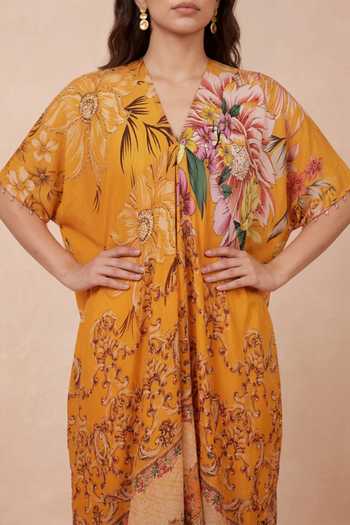 Buy Shetab Kazmi Orange Crepe V-neck Botanical Floral Print Kaftan Buy_Shetab Kazmi_Orange Crepe V-neck Botanical Floral Print Kaftan