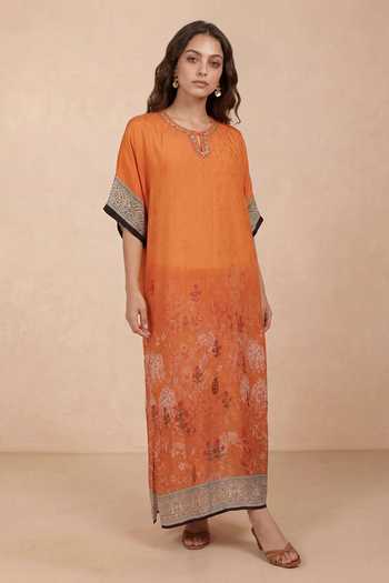 Shetab Kazmi Orange Crepe Keyhole Neck Floral Pattern Kaftan Online at Aza Fashions Shetab Kazmi_Orange Crepe Keyhole Neck Floral Pattern Kaftan _Online_at_Aza_Fashions