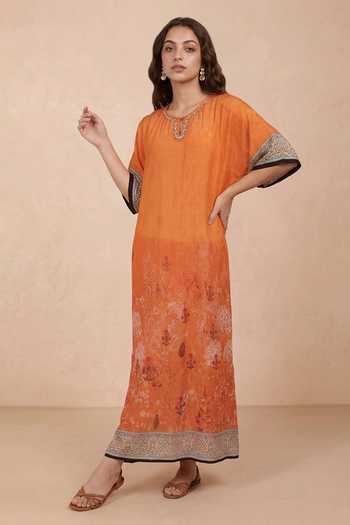 Buy Shetab Kazmi Orange Crepe Keyhole Neck Floral Pattern Kaftan Online at Aza Fashions Buy_Shetab Kazmi_Orange Crepe Keyhole Neck Floral Pattern Kaftan _Online_at_Aza_Fashions