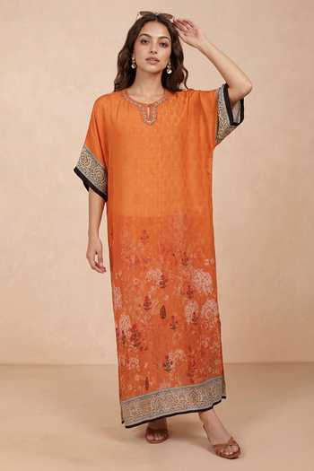 Shop Shetab Kazmi Orange Crepe Keyhole Neck Floral Pattern Kaftan Online at Aza Fashions Shop_Shetab Kazmi_Orange Crepe Keyhole Neck Floral Pattern Kaftan _Online_at_Aza_Fashions