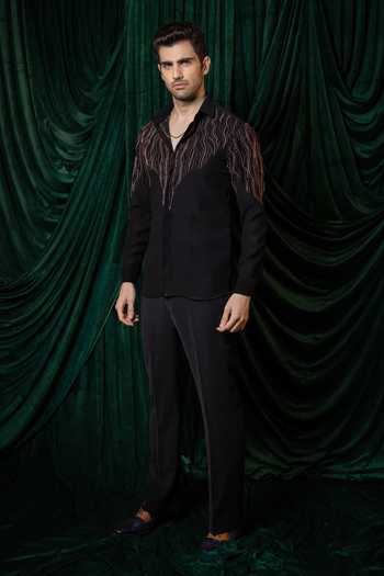 Hilo Design Black Waveform Embroidered Shirt Online at Aza Fashions Hilo Design_Black Waveform Embroidered Shirt _Online_at_Aza_Fashions