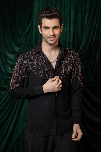 Shop Hilo Design Black Waveform Embroidered Shirt Online at Aza Fashions Shop_Hilo Design_Black Waveform Embroidered Shirt _Online_at_Aza_Fashions