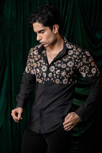 Shop_Hilo Design_Black Orbit Embroidered Shirt _Online_at_Aza_Fashions