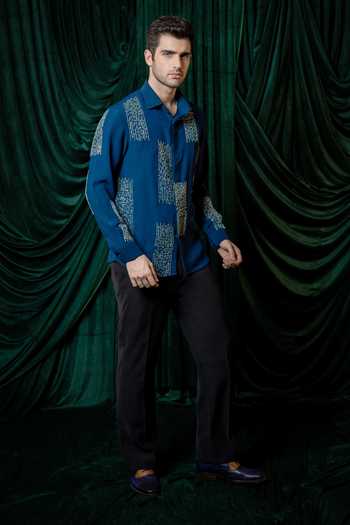 Hilo Design Blue Mosaic Embroidered Shirt Online at Aza Fashions Hilo Design_Blue Mosaic Embroidered Shirt _Online_at_Aza_Fashions