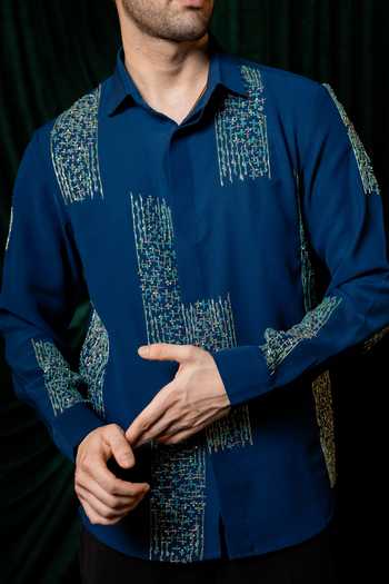 Hilo Design Blue Mosaic Embroidered Shirt at Aza Fashions Hilo Design_Blue Mosaic Embroidered Shirt _at_Aza_Fashions