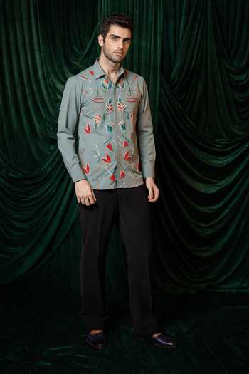 Hilo Design Olive Green Vireo Embroidered Shirt Online at Aza Fashions Hilo Design_Olive Green Vireo Embroidered Shirt _Online_at_Aza_Fashions