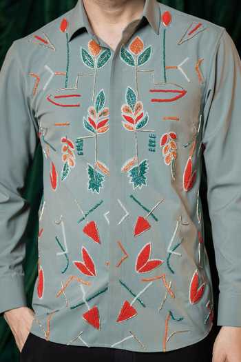 Buy Hilo Design Olive Green Vireo Embroidered Shirt Online at Aza Fashions Buy_Hilo Design_Olive Green Vireo Embroidered Shirt _Online_at_Aza_Fashions