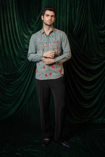 Shop Hilo Design Olive Green Vireo Embroidered Shirt Online at Aza Fashions Shop_Hilo Design_Olive Green Vireo Embroidered Shirt _Online_at_Aza_Fashions