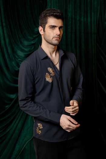 Shop_Hilo Design_Blue Embers Embroidered Shirt _Online_at_Aza_Fashions