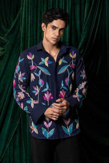Hilo Design_Blue Nightbloom Embroidered Shirt _Online_at_Aza_Fashions