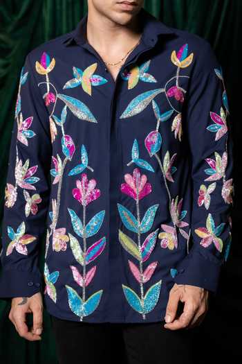 Buy_Hilo Design_Blue Nightbloom Embroidered Shirt _Online_at_Aza_Fashions