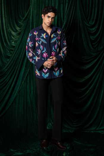 Shop_Hilo Design_Blue Nightbloom Embroidered Shirt _Online_at_Aza_Fashions