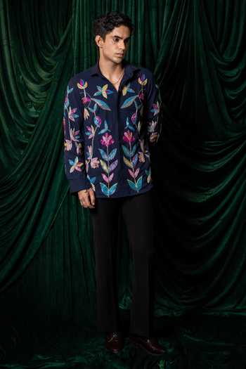 Hilo Design_Blue Nightbloom Embroidered Shirt _at_Aza_Fashions