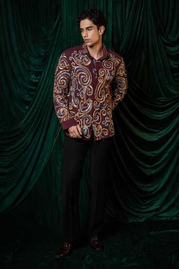 Hilo Design Burgundy Vortex Embroidered Shirt Online at Aza Fashions Hilo Design_Burgundy Vortex Embroidered Shirt _Online_at_Aza_Fashions