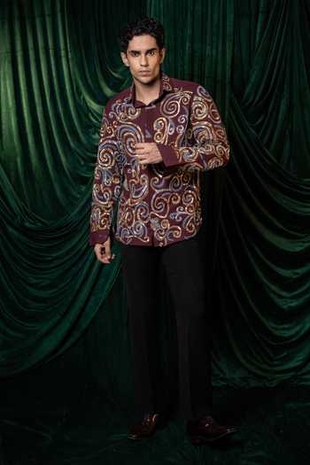 Shop Hilo Design Burgundy Vortex Embroidered Shirt Online at Aza Fashions Shop_Hilo Design_Burgundy Vortex Embroidered Shirt _Online_at_Aza_Fashions