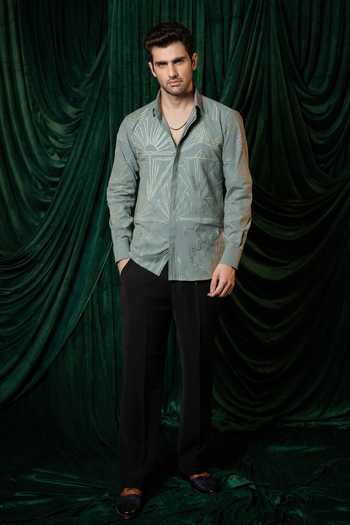 Hilo Design Green Manhattan Thread Embroidered Shirt Online at Aza Fashions Hilo Design_Green Manhattan Thread Embroidered Shirt _Online_at_Aza_Fashions