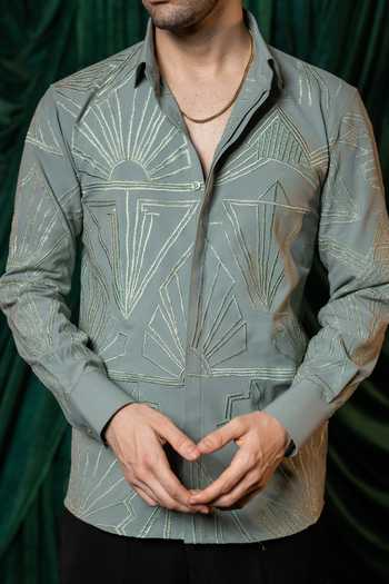 Shop Hilo Design Green Manhattan Thread Embroidered Shirt Online at Aza Fashions Shop_Hilo Design_Green Manhattan Thread Embroidered Shirt _Online_at_Aza_Fashions