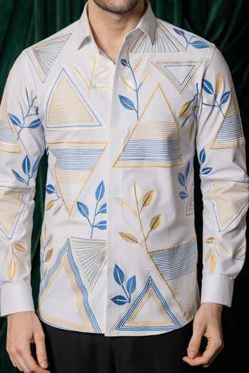 Hilo Design White Spandex Alabaster Thread Embroidered Shirt at Aza Fashions Hilo Design_White Spandex Alabaster Thread Embroidered Shirt _at_Aza_Fashions