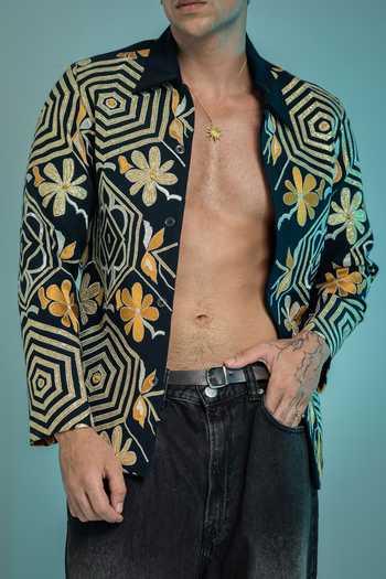 Hilo Design Blue Nyro Thread Embroidered Shacket at Aza Fashions Hilo Design_Blue Nyro Thread Embroidered Shacket _at_Aza_Fashions