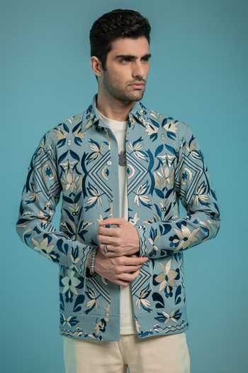Shop Hilo Design Blue Fresco Thread Embroidered Shacket Online at Aza Fashions Shop_Hilo Design_Blue Fresco Thread Embroidered Shacket _Online_at_Aza_Fashions