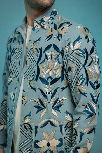 Hilo Design Blue Fresco Thread Embroidered Shacket at Aza Fashions Hilo Design_Blue Fresco Thread Embroidered Shacket _at_Aza_Fashions