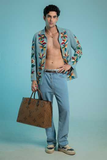 Hilo Design Sky Blue Halcyon Thread Embroidered Shacket Online at Aza Fashions Hilo Design_Sky Blue Halcyon Thread Embroidered Shacket _Online_at_Aza_Fashions