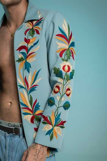 Shop Hilo Design Sky Blue Halcyon Thread Embroidered Shacket Online at Aza Fashions Shop_Hilo Design_Sky Blue Halcyon Thread Embroidered Shacket _Online_at_Aza_Fashions