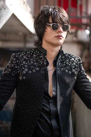 Buy_Hilo Design_Black Fabric Stardust Embroidered Bling Blazer _Online_at_Aza_Fashions