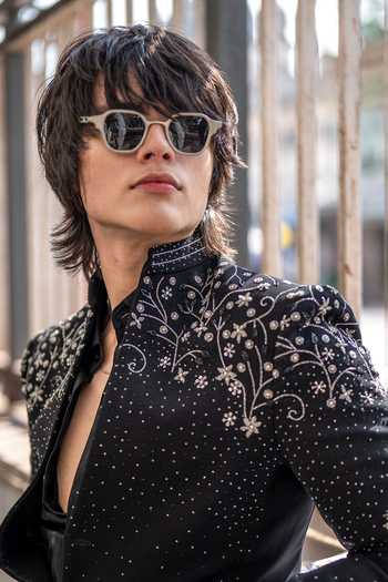 Shop_Hilo Design_Black Fabric Stardust Embroidered Bling Blazer _Online_at_Aza_Fashions