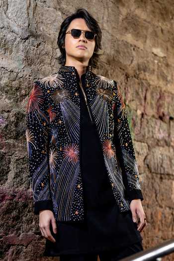 Hilo Design Black Embroidery Fireveil Hand Bandhgala And Kurta Set at Aza Fashions Hilo Design_Black Embroidery Fireveil Hand Bandhgala And Kurta Set _at_Aza_Fashions