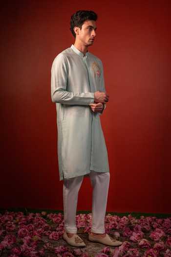 Hilo Design_Green Silk Thread Embroidered Kurta _Online_at_Aza_Fashions