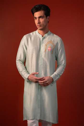 Shop_Hilo Design_Green Silk Thread Embroidered Kurta _Online_at_Aza_Fashions