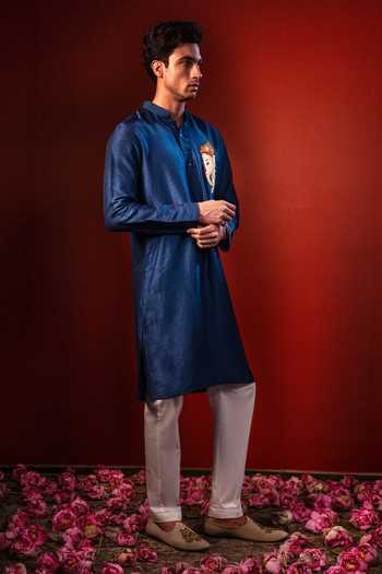Shop_Hilo Design_Blue Silk Dhuraketu Thread Embroidered Kurta _Online_at_Aza_Fashions