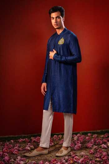 Shop_Hilo Design_Blue Silk Durja Thread Embroidered Kurta _Online_at_Aza_Fashions