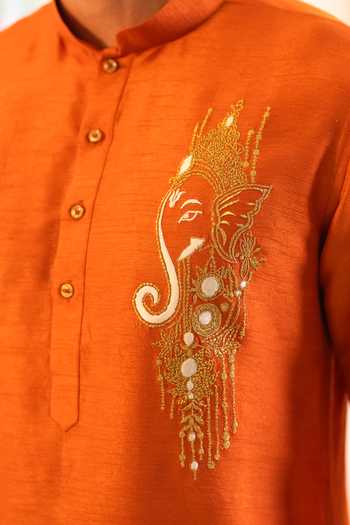 Shop Hilo Design Orange Silk Ishan Embroidered Kurta Online at Aza Fashions Shop_Hilo Design_Orange Silk Ishan Embroidered Kurta _Online_at_Aza_Fashions