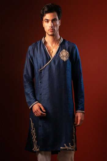 Buy_Hilo Design_Blue Silk Manomaya Thread Embroidered Kurta _Online_at_Aza_Fashions