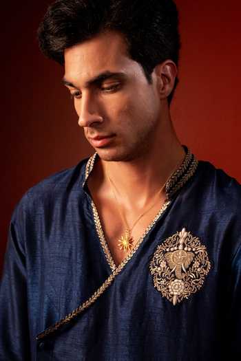 Shop_Hilo Design_Blue Silk Manomaya Thread Embroidered Kurta _Online_at_Aza_Fashions