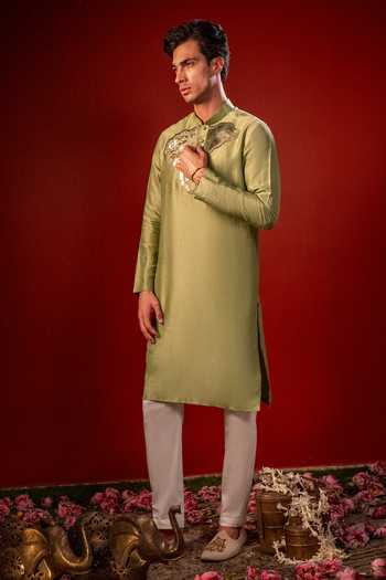 Buy_Hilo Design_Green Silk Nishant Thread Embroidered Kurta _Online_at_Aza_Fashions